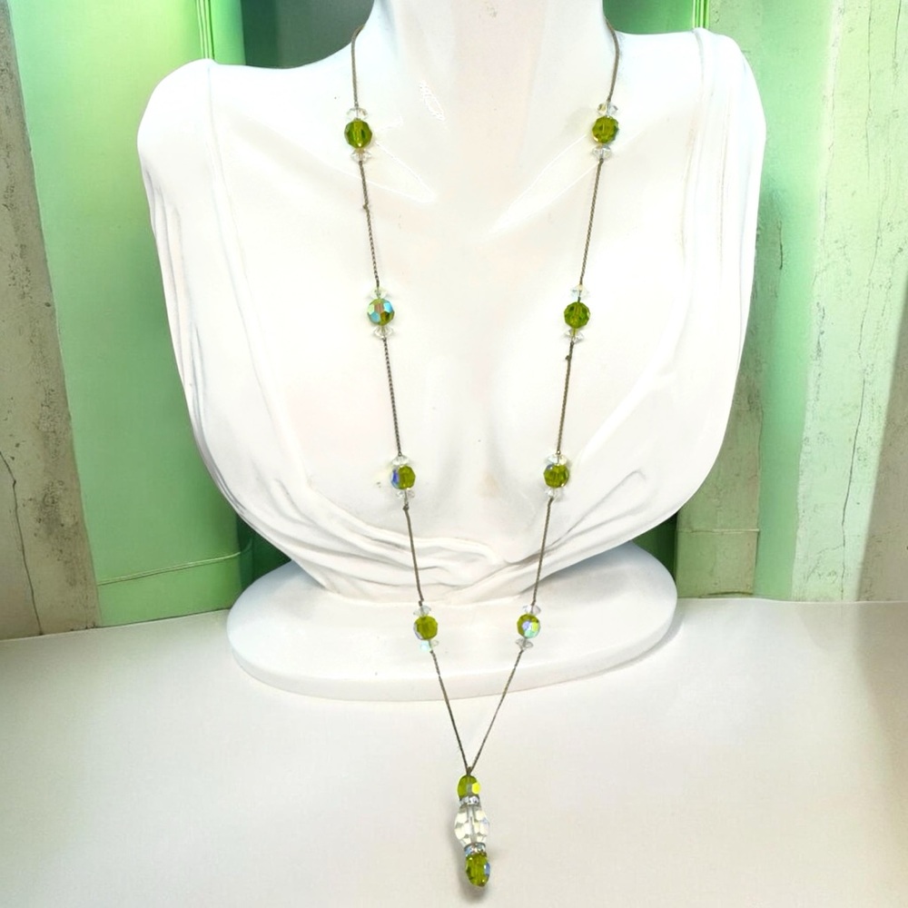 Vintage Art Deco Peridot Green & Aurora Borealis Crystal Drop Necklace
